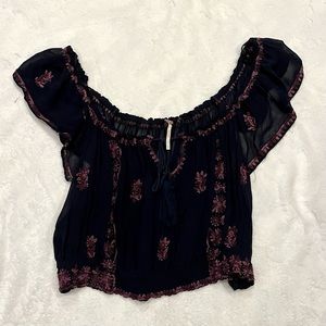 Free People Paisley Park Peasant Top Sheer Navy & Purple Size S